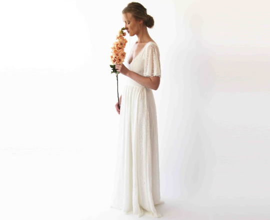 Butterfly Sleeves Bohemian Ivory Wedding Dress #1232 | erinstrinkets